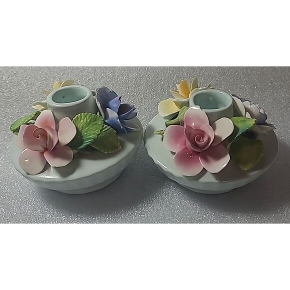 2x Vtg Thorley Staffordshire England Bone China Porcelain Floral Candle Holders - Picture 3 of 7